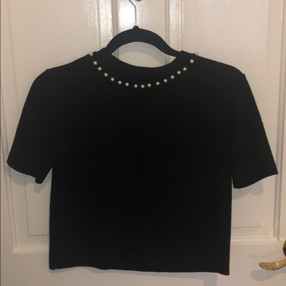 Zara black pearl t shirt crop top